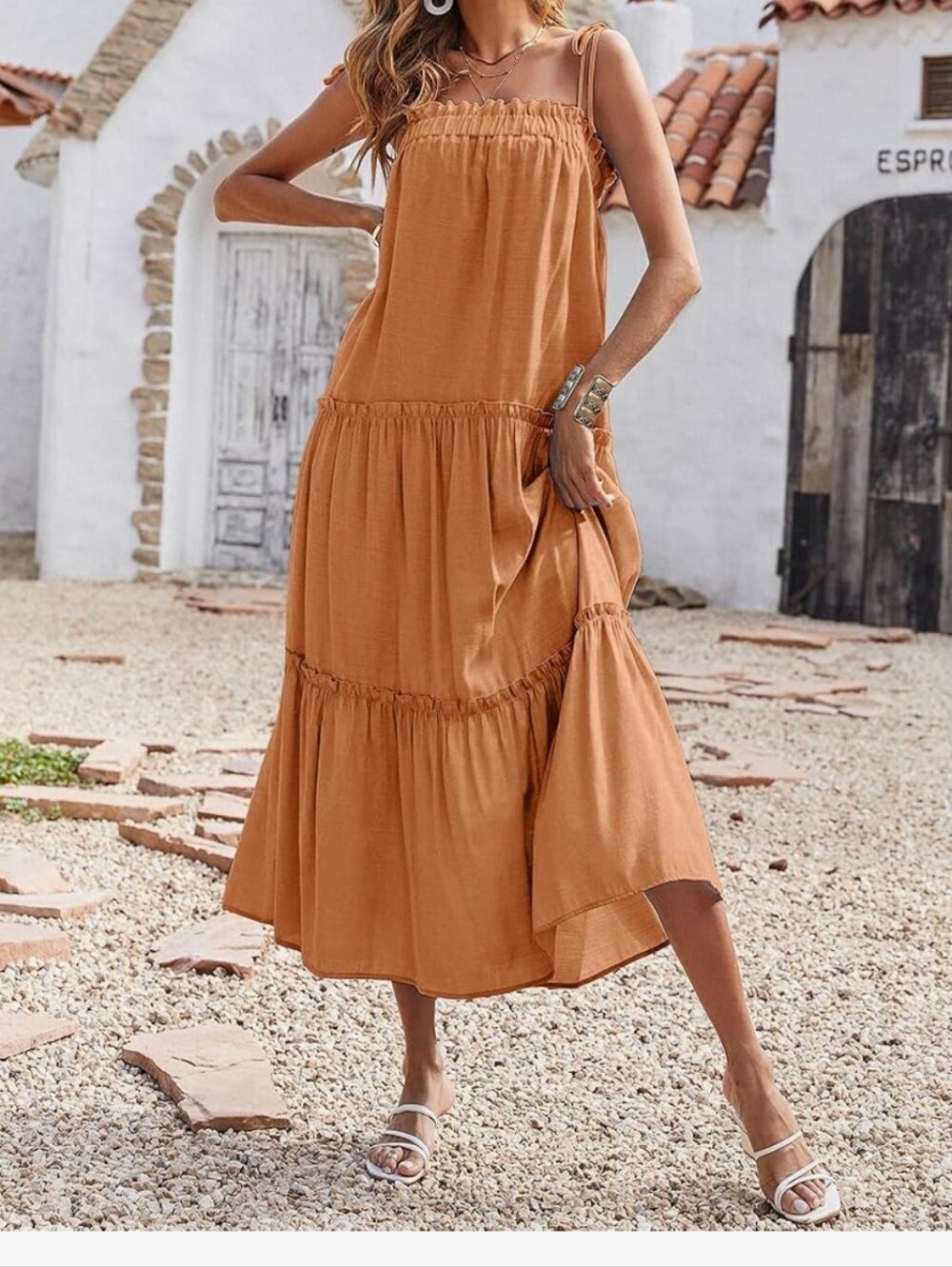 NWT BTFBM Boho Tiered Ruffle Maxi Dress Orange Size Small Summer Vacation Sun